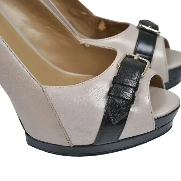 Nine West Leather Platform Pump Stiletto Heel Open Toe Beige Tan Black Size 8 - Picture 3 of 10